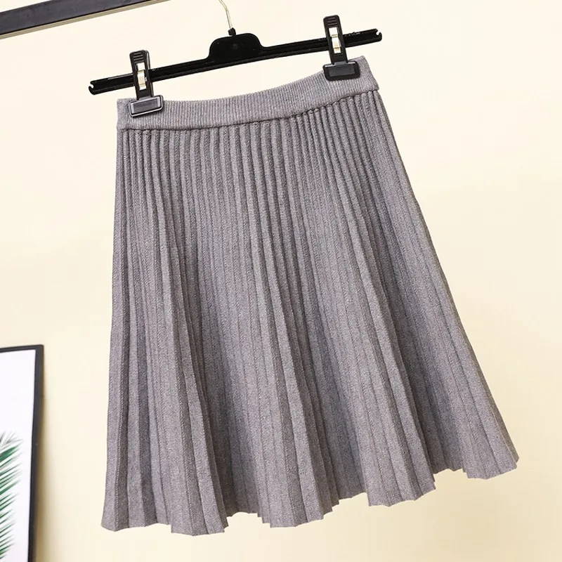 

2019 Spring and autumn Knitted Warm Skirts Women High Waist Pleated Sexy Mini Skirt Female Black Khaki Gray Skirts