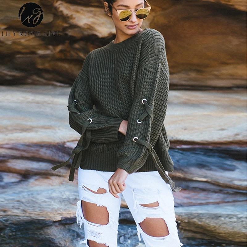 Lily Rosie Girl Gray Lace Up Casual Women Sweaters Knitted Long Sleeve O Neck Autumn Winter Side Off Shoulder Pullovers Jumper | Женская