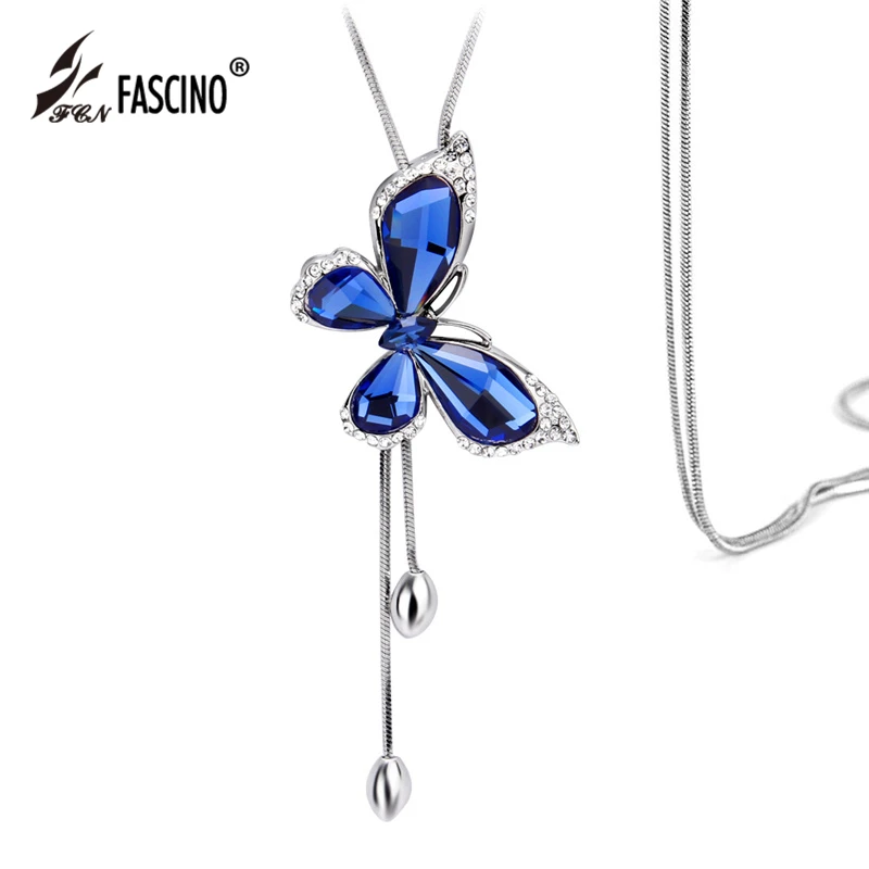 Новая мода синий кристалл бабочка кулон Nedcklace Регулируемый Длинный Свитер