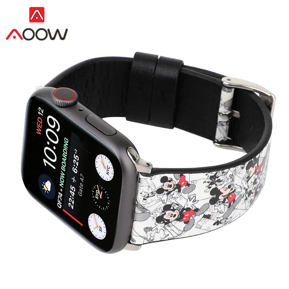Ремешок для часов из натуральной кожи для Apple Watch 4, 40 мм, 44 мм, 38 мм, 42 мм, браслет с принтом Микки Мауса, ремешок для iwatch 1, 2, 3