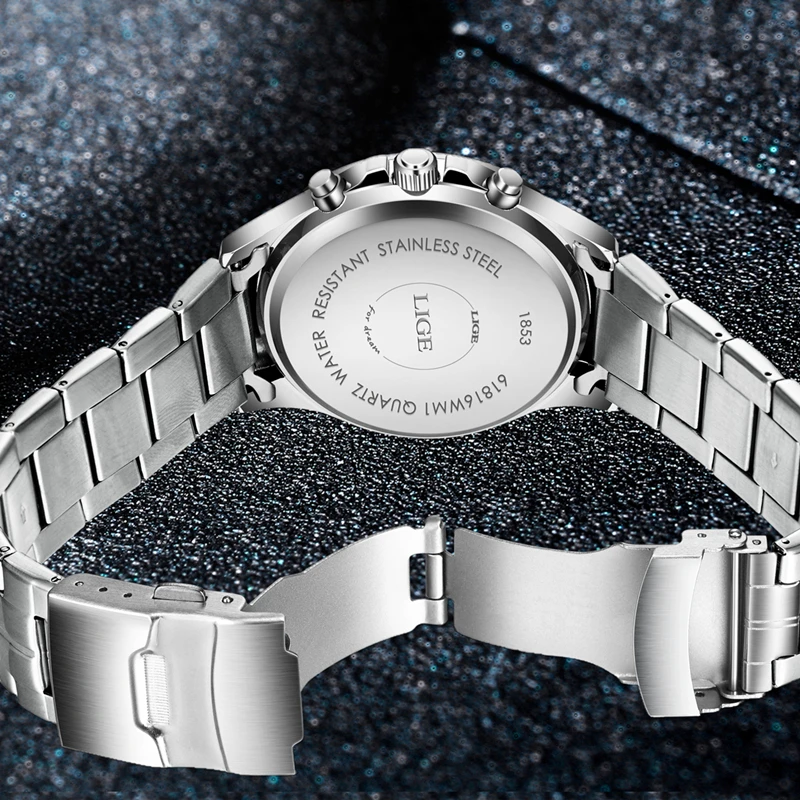 Роскошные брендовые LIGE Модные Бизнес Кварцевые часы мужские серебряные стальные