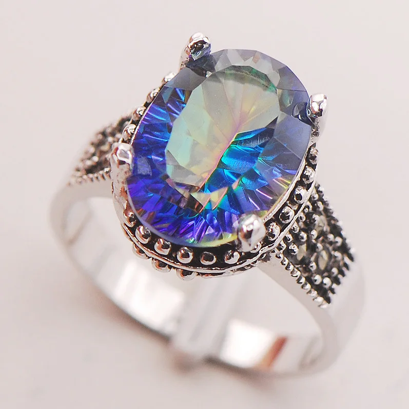 

Rainbow Crystal Zircon Women 925 Sterling Silver Ring F757 Size 6 7 8 9 10