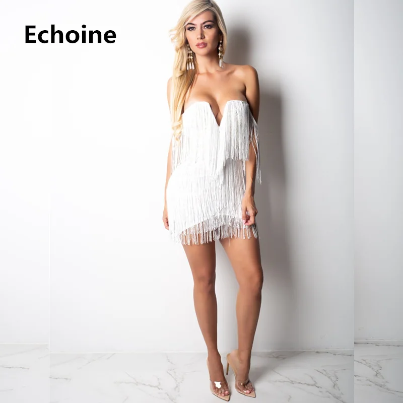 Женское платье с кисточками без бретелек открытыми плечами сексуальное