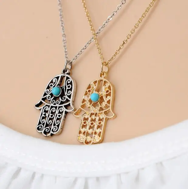 

New Vintage Brand Design Gold Luck Hamsa Pendants Necklace Luck Fatima Hand Palm Necklace CND218