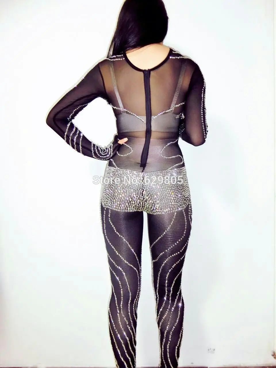 Новый Модный Блестящий черный комбинезон Стразы наряд блестящий сексуальный