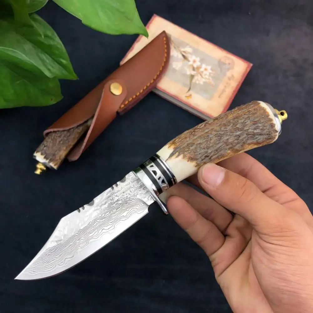 Охотничий прямой нож из дамасской стали ручной работы 60HRC VG10 с фиксированным