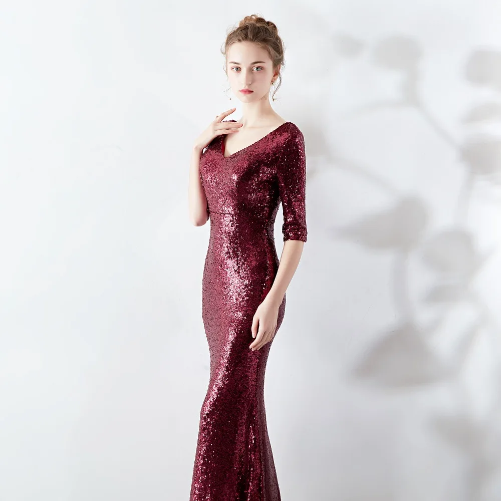 Sladuo Women Luxury Elegant Wine Red Sexy Half Sleeve Sequin Long Length Mermaid Party Dress Maxi | Женская одежда