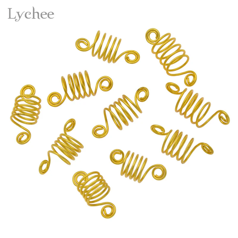 Lychee, 10 шт./лот, металлическая спиральная оплетка для волос, дредлок, бусина, запонки, кольца, трубка для волос, инструмент для укладки волос - Окраска металла: Gold Color