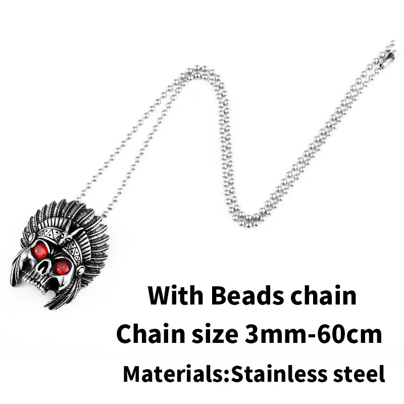 with bead chain Стальной солдат панк cheif дизайн череп кулон ожерелье с красным камнем цепь из нержавеющей стали Байкер огромный тяжелый мощный ювелирные изделия - Окраска металла: with bead chain