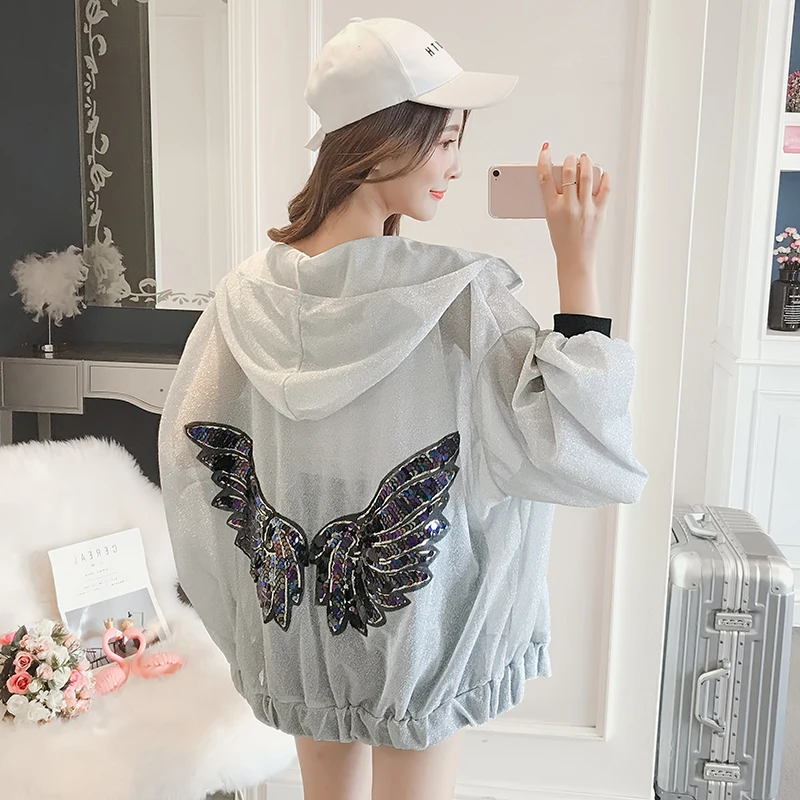 Женский кардиган с капюшоном и защитой от солнца на молнии рукав летучая мышь