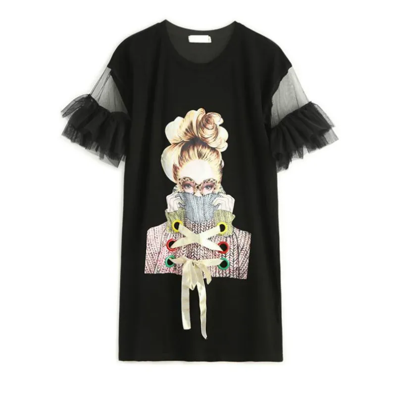 Женское Сетчатое платье-футболка с рукавом-бабочкой и оборками | Женская одежда