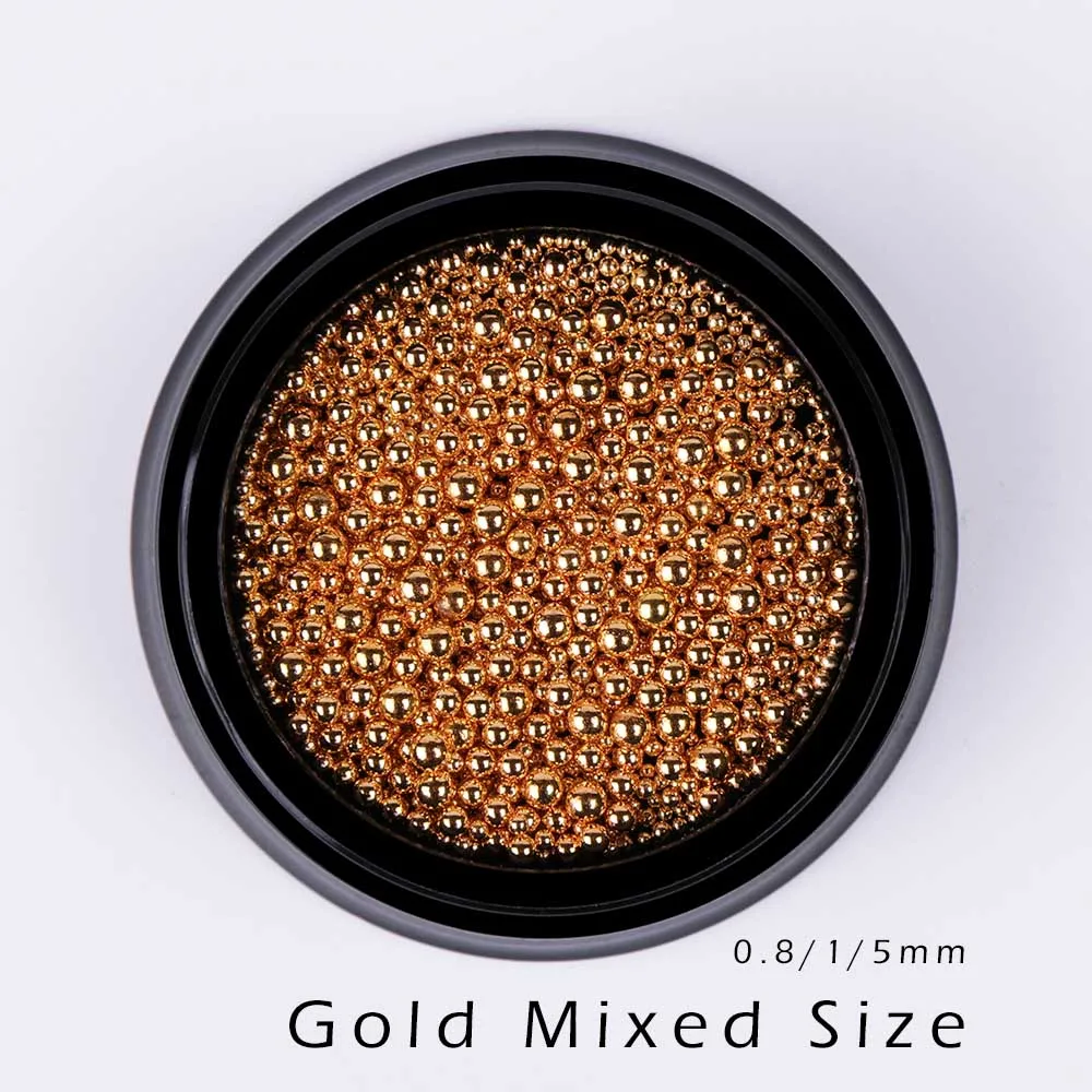 0.6mm Rose Gold Caviar Steel Beads Gel Polish Tips Craft Mini Round Bead Jewelry 3D Nail Art Decoration Rhinestone Glitter SA026 - Цвет: Gold Mixed Size