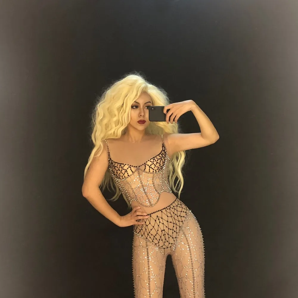 Женская сексуальная пряжа заклепки комбинезон без рукавов полное Сверкающее