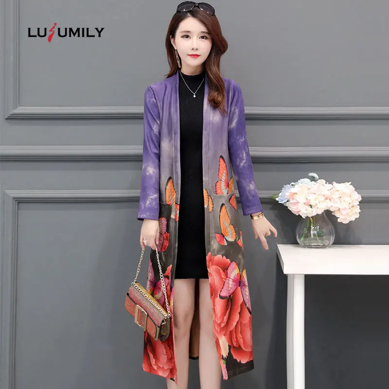 

Lusumily Plus Size 5XL New Women Windbreaker Long Coat Print Open Stitch Flower Butterfly Casual Loose Autumn Spring Clothes