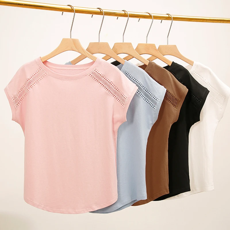 Летняя Повседневная футболка для женщин 2021 открытая Кружевная с рукавами в