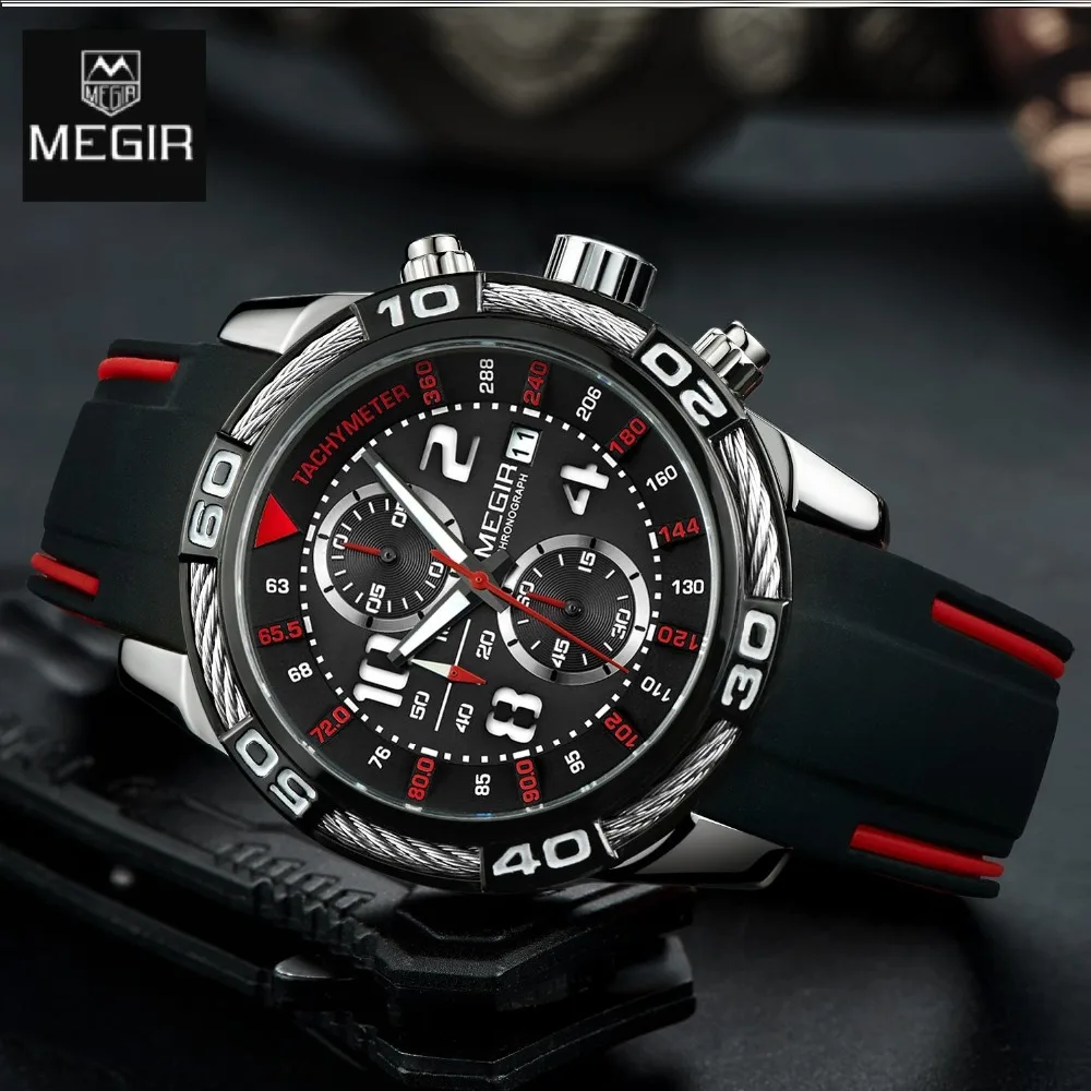 Megir аналоговый хронограф батарея кварцевые часы для мужчин черный силиконовый