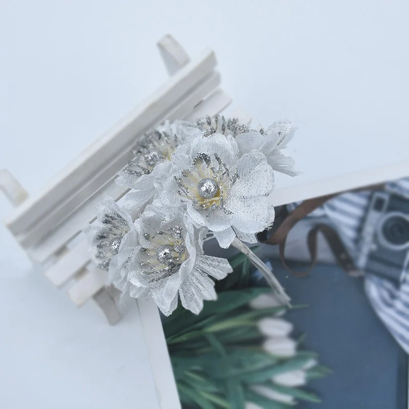 Style 3 silver 6 шт., искусственные растения для рождественского венка, украшения для дома, свадебные, сделай сам, подарки, искусственные тычинки для скрапбукинга, шелковые цветы, букет - Цвет: Style 3 silver