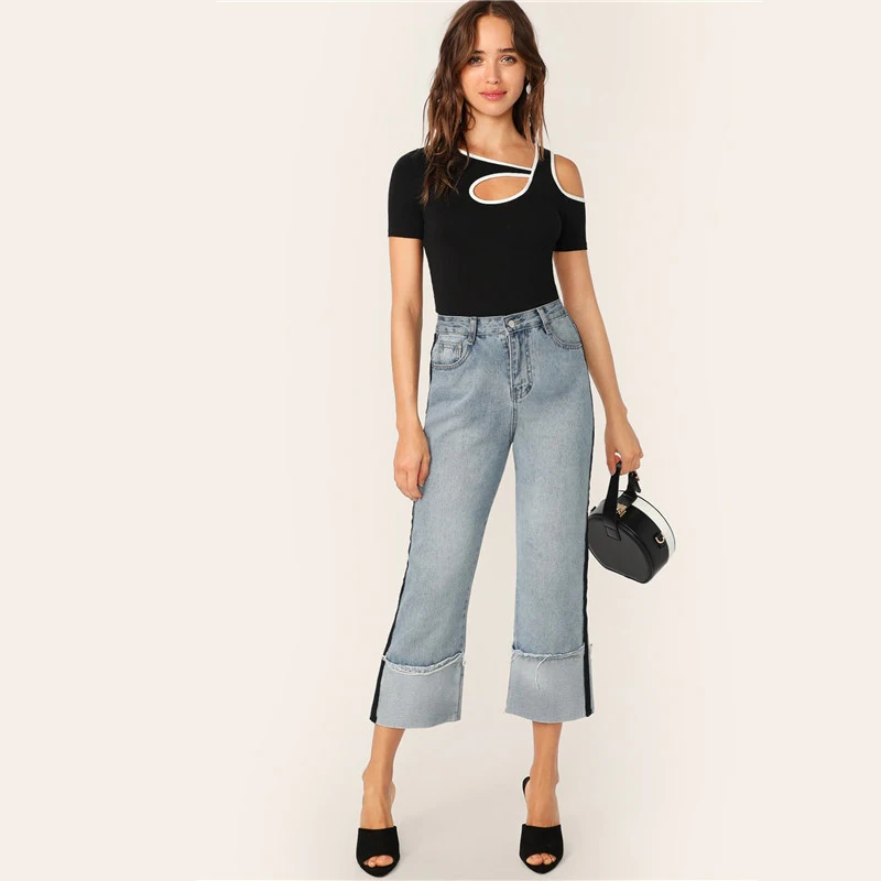 SHEIN Черная Спортивная контрастная облегающая футболка с вырезами женская летняя повседневная облегающая Асимметричная футболка с вырезом Женские топы