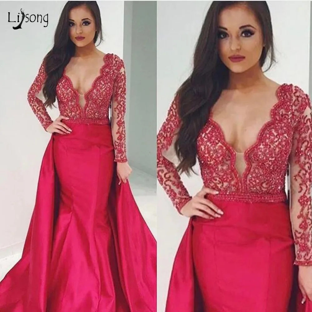 Сдержанные Красные кружевные вечерние платья-русалки со съемным шлейфом Длинные