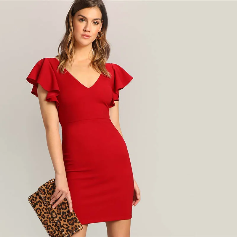 SHEIN Платье На Молнии С V-образным Вырезом И Рукавом-Бабочкой Сексуальное Короткое Платье С Высокой Талией Женские Элегантные Летние Платья
