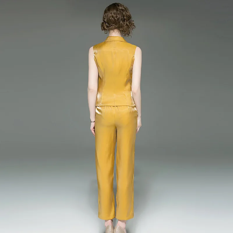 Летние Для женщин комплект из 2 частей блейзер без рукавов Топ + узкие брюки