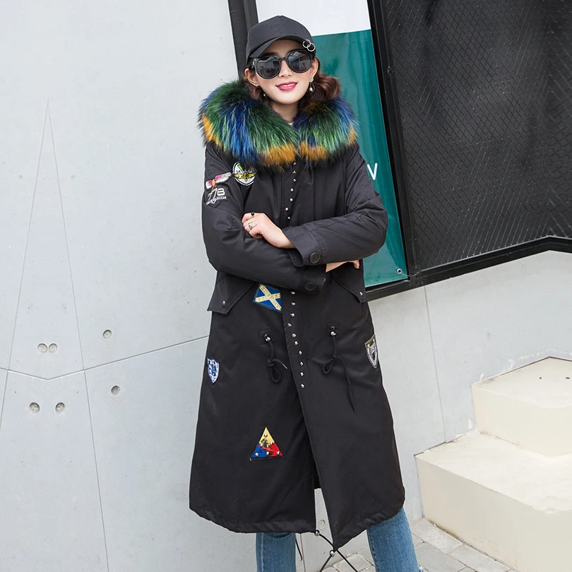 Модная женская Роскошная куртка парка с натуральным лисьим мехом большой мех