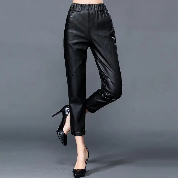 2021 New Fashion Sheep Skin Leather Pants Female Elastic Waistline Trousers Women Winter Outer Wear Plus Velvet Down Pants S-xxl