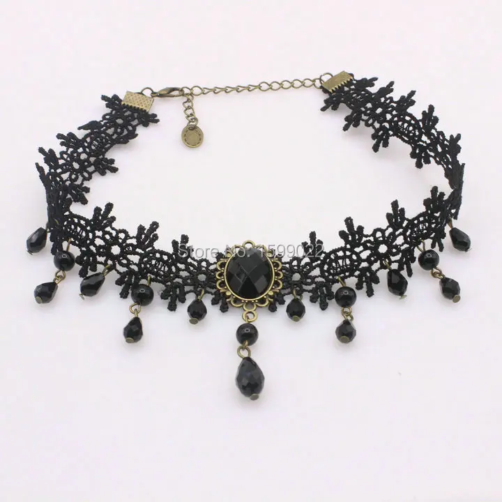 Woman Lace Statement Choker Necklace Vintage Beaded Water Drop Pendants Jewerly Black False Collar Costume Accessories | Украшения и