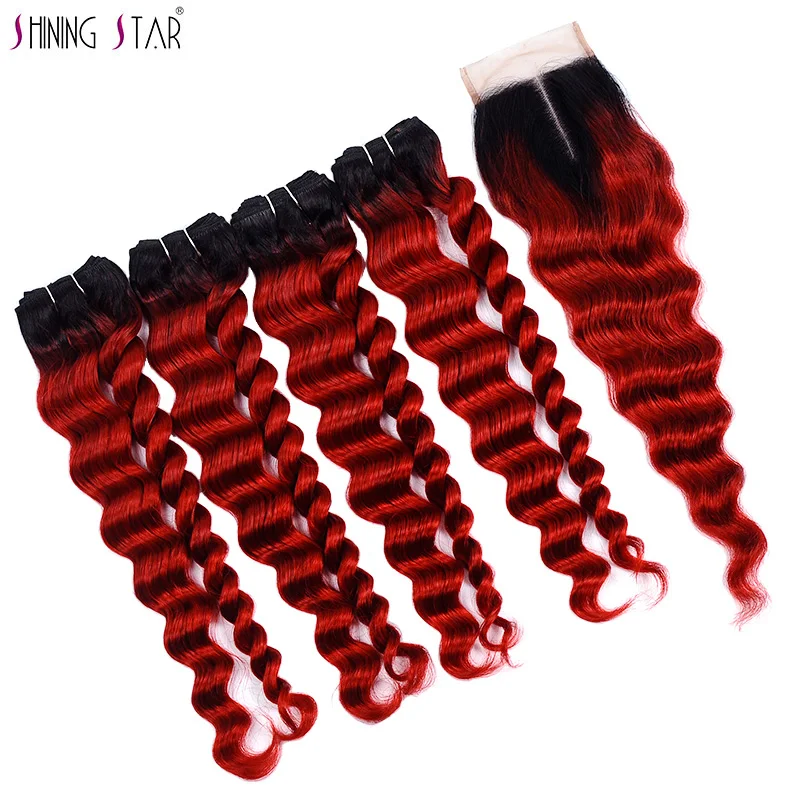 1B красный Омбре свободные глубокие волнистые пучки с закрытием 4 бразильские пучки волос плетение с закрытием Омбре 100 человеческие волосы переплетение не Реми