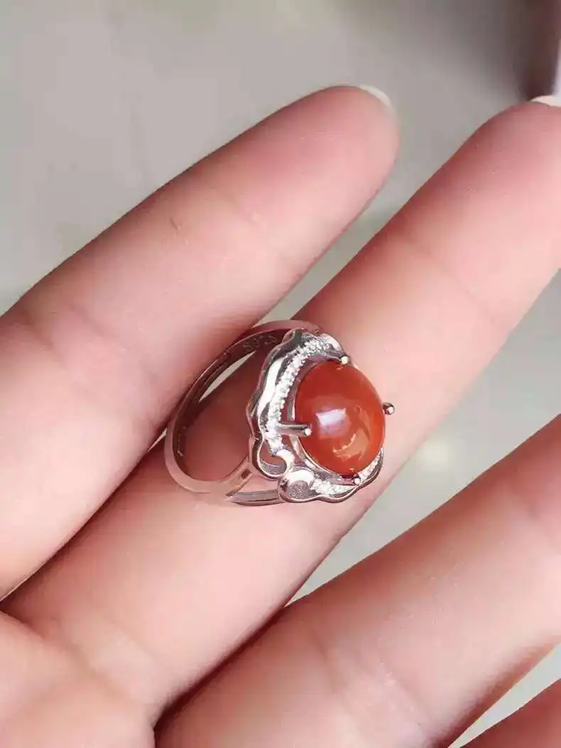 Natural south red agate Ring gemstone S925 sterling silver trendy Elegant Hollow round women party gift Jewelry | Украшения и