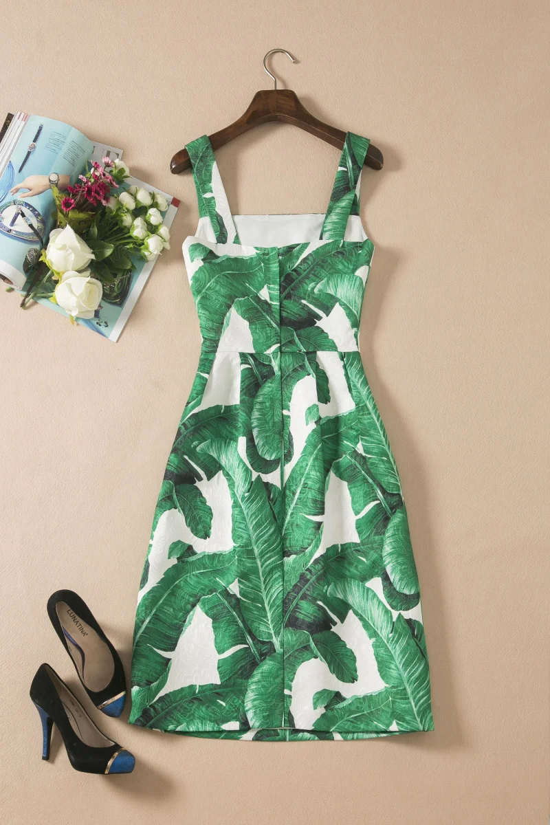 Блестками Широкие бретельки зеленые банановые листья принтом спагетти платье