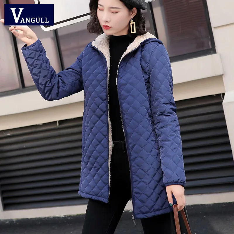 Vangull, Длинные парки, базовые куртки для женщин, женские зимние бархатные пальто с капюшоном из овечьей шерсти, осень, новая хлопковая зимняя куртка, верхняя одежда