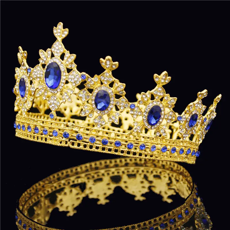 Gold Blue Королевская диадема в стиле барокко, королевская диадема, корона для мужчин, свадебные украшения для волос, Красный Кристалл, круглая диадема, Золотая головка, аксессуары для невесты - Окраска металла: Gold Blue