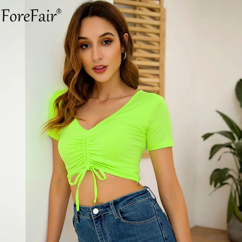 Forefair милый неоновый зеленый укороченный Топ для женщин летний v-образный вырез на шнуровке обтягивающие сексуальные топы черный