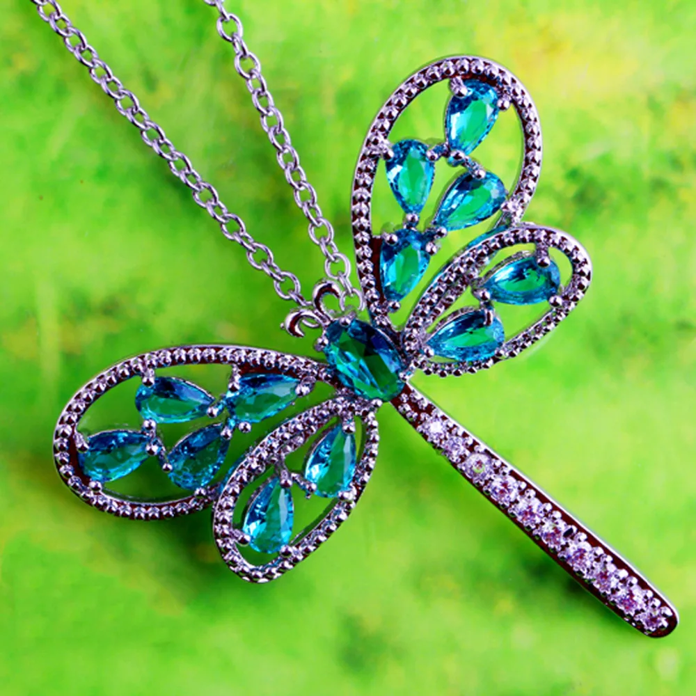 

JROSE New Fashion Women Dragonfly Design Green & White CZ Silver Color Pendant No Chain Necklace Engagement Jewelry
