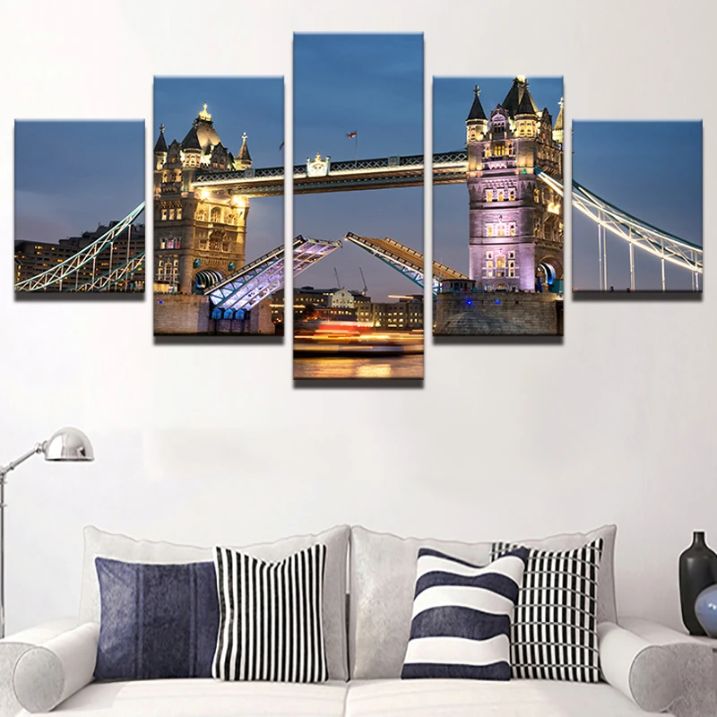 Painting Modern Room Decor Pictures Wall Art Canvas Oil 5 Panel London Tower Bridge Night Landscape Home | Дом и сад