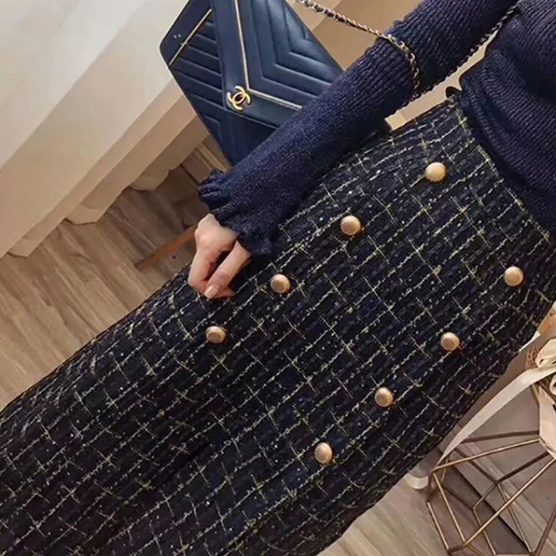 OKXGNZ S-XL вязаный свитер с расклешенными рукавами осень зима элегантный женский двубортный твидовый комплект из двух частей с юбкой