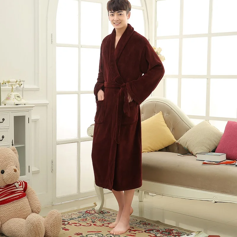Wine Red Male Robe Зимние фланелевые мужские халаты больших размеров коралловый флис свободные плотные теплые мужские купальные костюмы размера плюс однотонные осенние махровые халаты - Цвет: Wine Red Male Robe