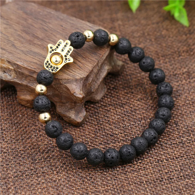 Браслет Рука Фатимы с кубическим цирконием подвеска Хамса браслет Mala Black Lava Stone