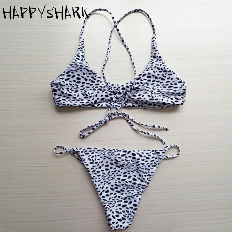 

HAPPYSHARK 2018 New Dot Bikinis Set Women Brazilian Leopard Fold Edge Strappy Biquinis High Cut Thong Swimwear Leopard Swimsuit