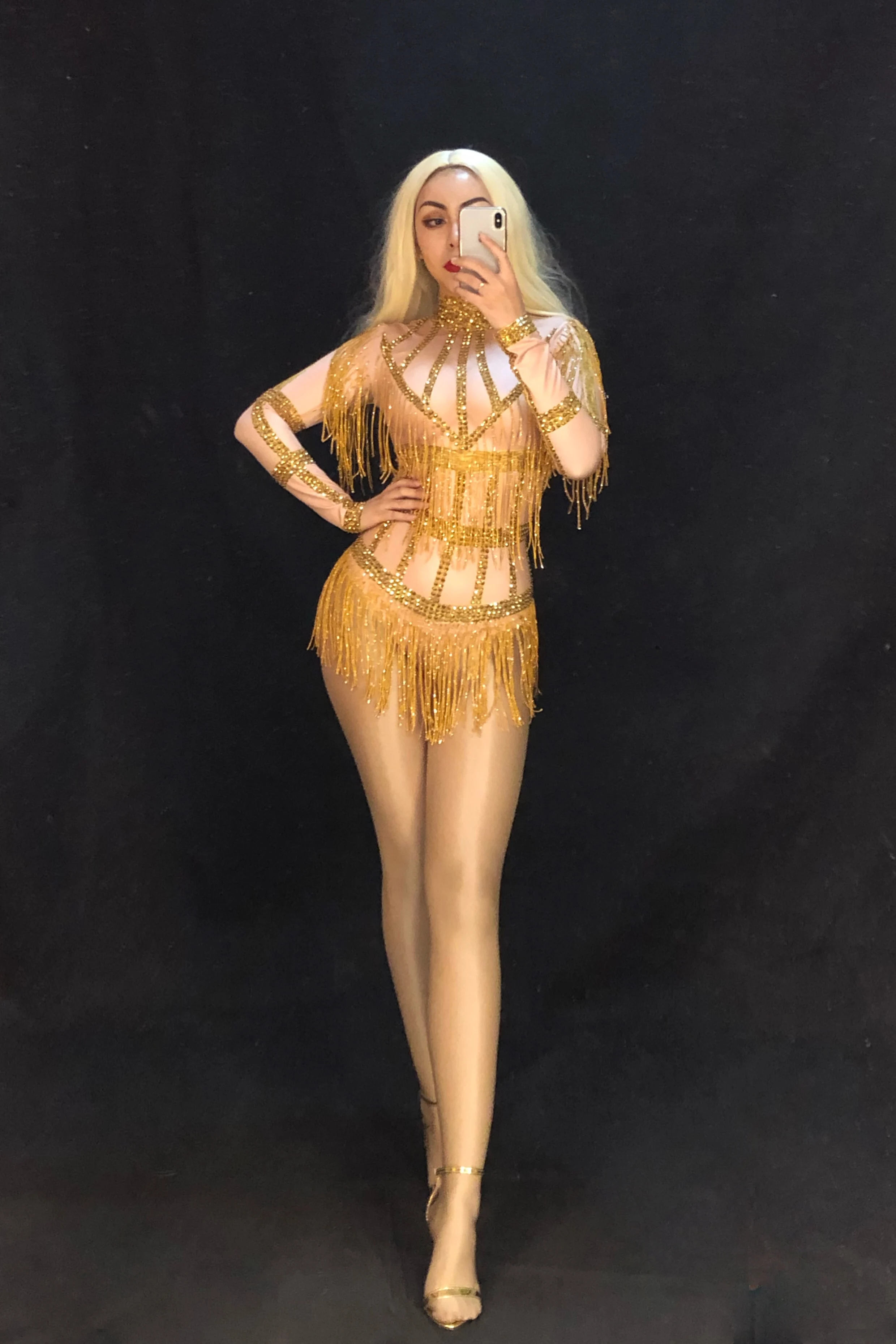Women Sexy Stage Bodysuit Gold Tassel Sparkling Crystals Jumpsuit Nightclub Birthday Party Wear Singer Dance Costumes