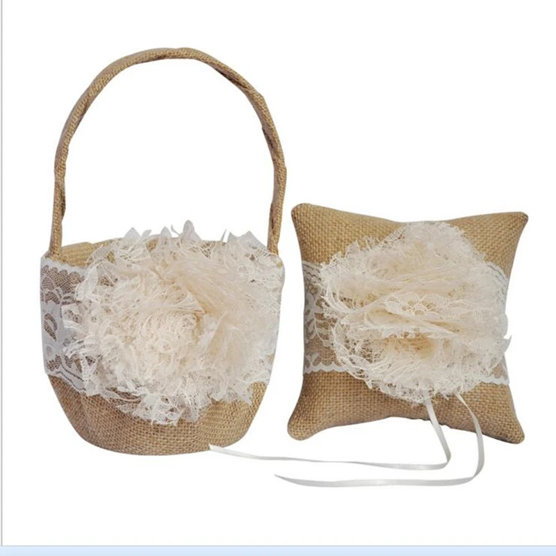

2Pcs/set Vintage Burlap Wedding Ring Pillow& Flower Basket with Lace Flower Bridal Decoration Supplies