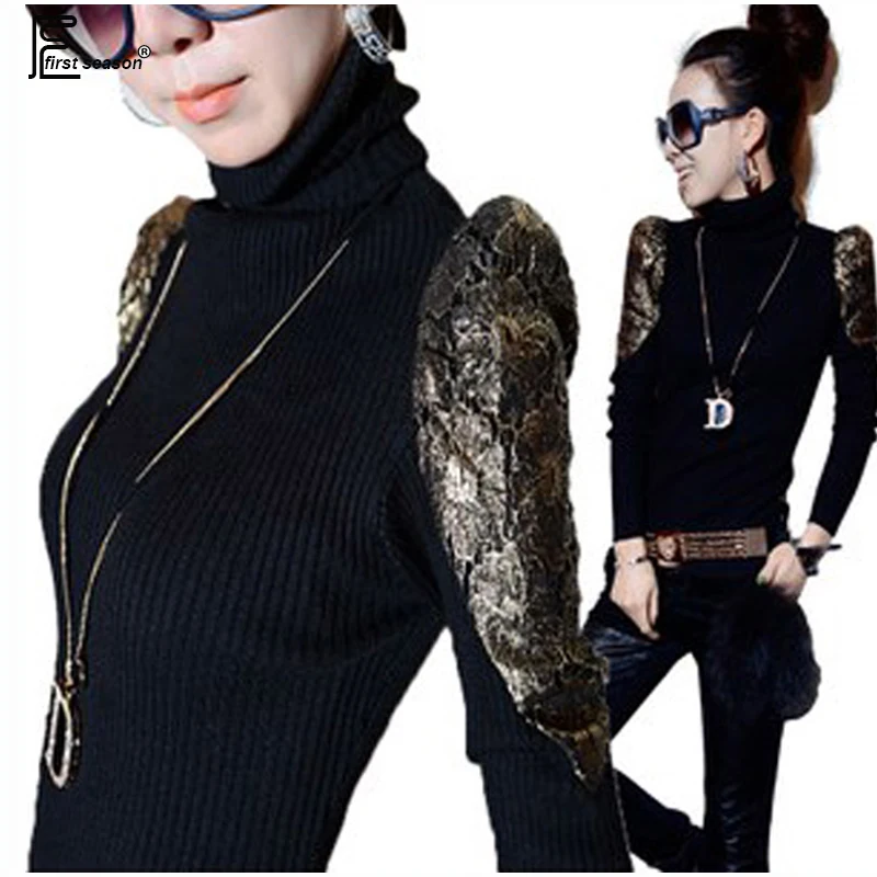 Autumn Winter Tops Hot Fashion Women Slim Bodysuit Elegant Ladies Patchwork Gold Lace Black Knitted Pullover Turtleneck Sweater | Женская