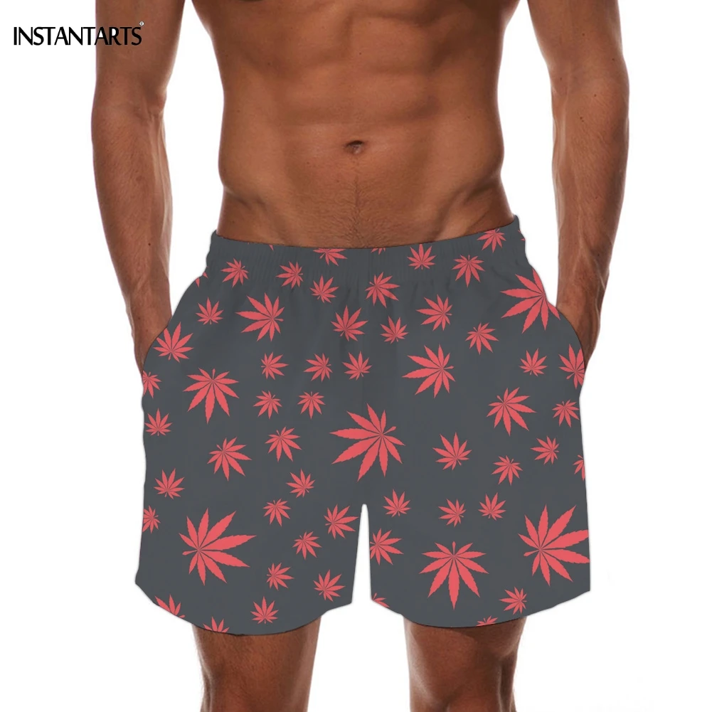 INSTANTARTS Tropical Hemp Weed Leaves/Maple Leaf Pattern Man's Swimming Trunks Beach Board Shorts Quick Dry Sports Swim Suits