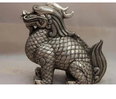 China Blanco Copper Silver Animal kylin unicorn Foo Perro Estatua copper decoration bronze factory Pure Brass | Дом и сад