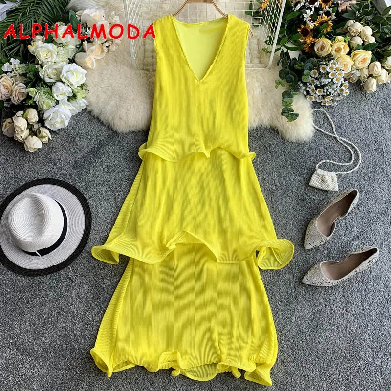 

Женское плиссированное платье ALPHALMODA, многослойное с оборками, с V-образным вырезом, шифоновое, вечернее, 2019