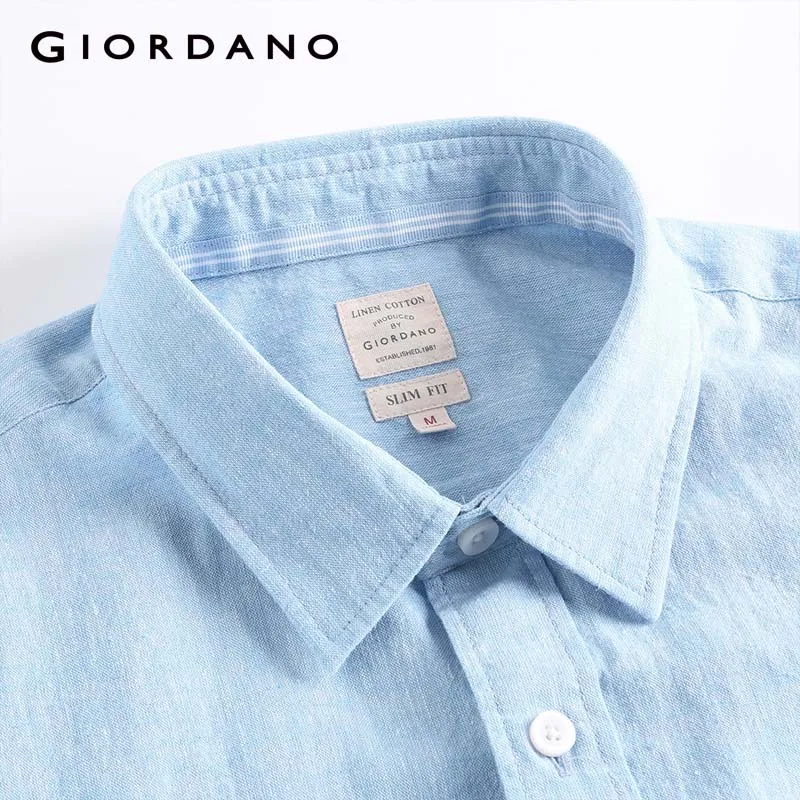 Giordano Мужская рубашка льняное с короткими рукавами карманом приталенная