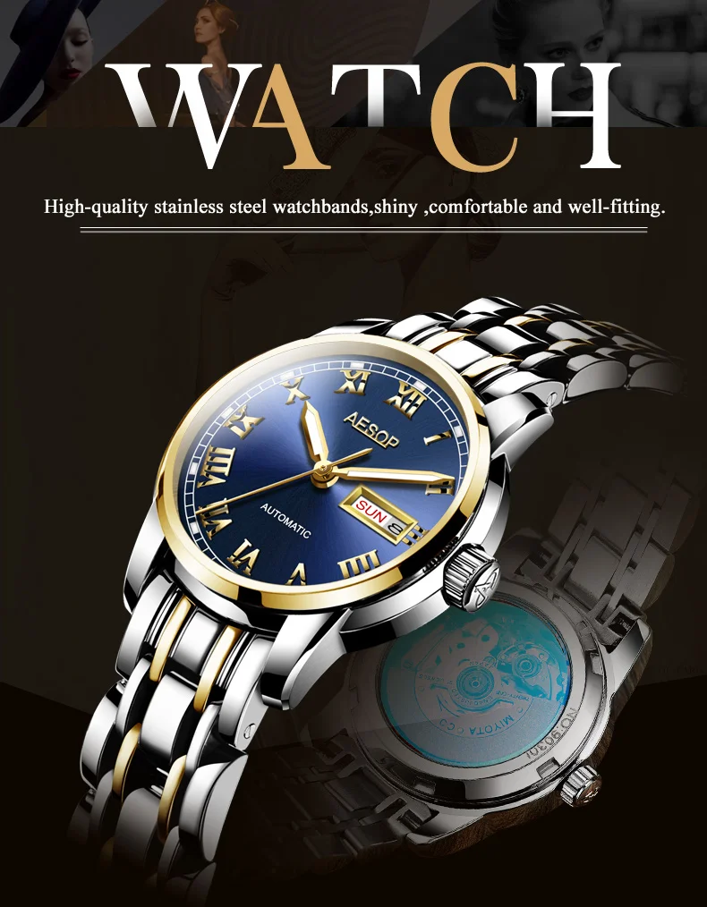 AESOP Gold luxury Watch Women Japan Movement Mechanical Automatic watch Ladies Stainless steel Golden Female Clock Women