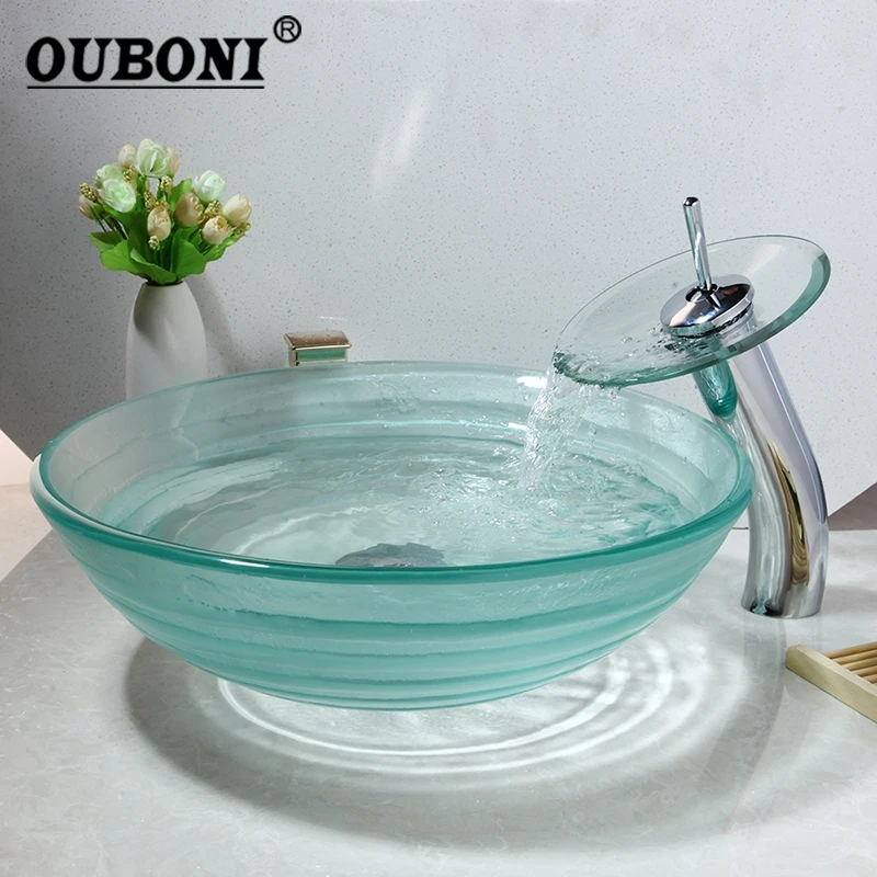 OUBONI круглая раковина из закаленного стекла для ванной комнаты с водопадом