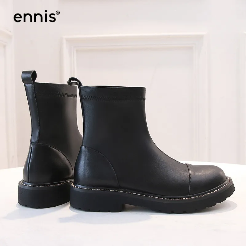 ENNIS/ г.; Модные женские растягивающиеся ботинки; черные ботильоны на платформе; женские осенние ботинки; Повседневная обувь без застежки с круглым носком в Корейском стиле; A940